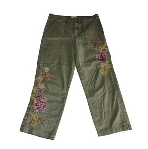 Driftwood Medium Green Floral Embroidered High Rise Cropped Tencel Blend Pants